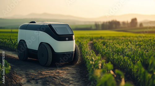 Robot autónomo agrícola en un campo al atardecer photo