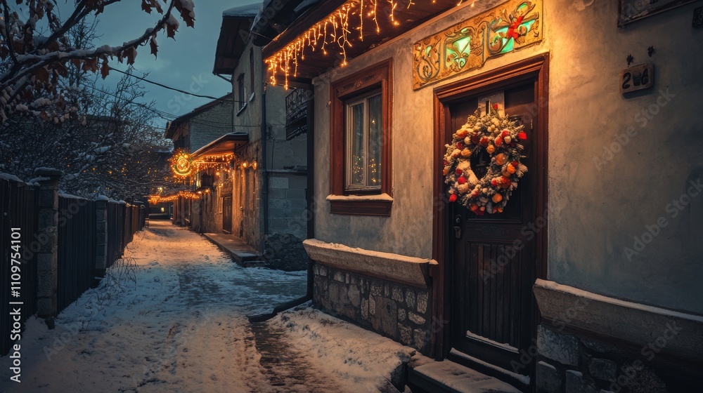Festive winter scene of a traditional Bulgarian house in Sofia, adorned with colorful lights, a wreath on the door, and snow-covered streets, capturing the warmth of the holiday season. Festive winter scene of a traditional Bulgarian house in Sofia, adorned with colorful lights, a wreath on the door, and snow-covered streets, capturing the warmth of the holiday season.
