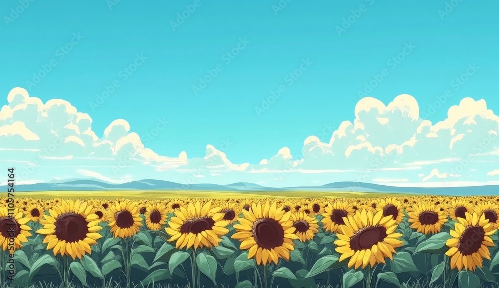 Fototapeta premium artoon-style illustration of a vibrant field of sunflowers under a bright blue sky, showcasing a cheerful and colorful nature scene.
