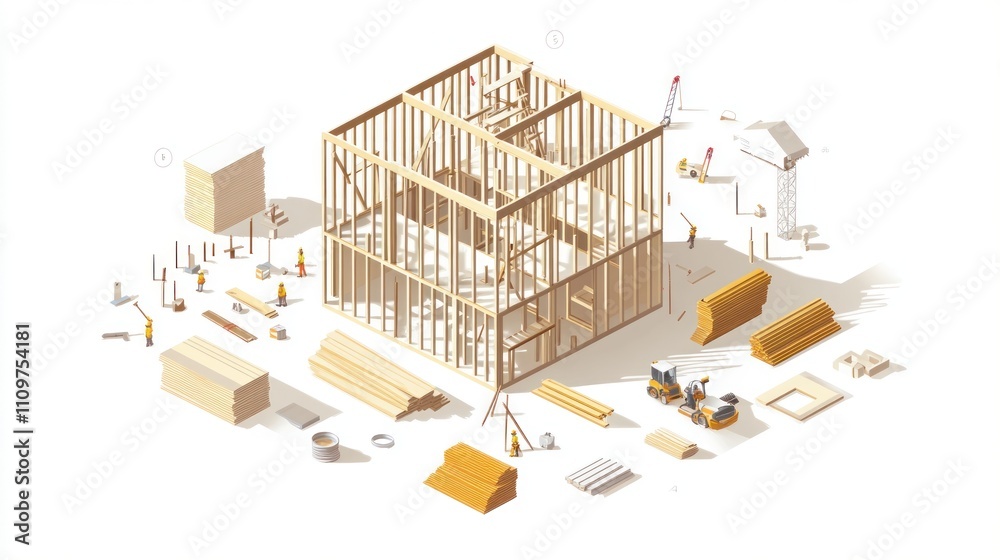 Isometric illustration of house framing construction process with workers and materials. Isometric illustration of house framing construction process with workers and materials.