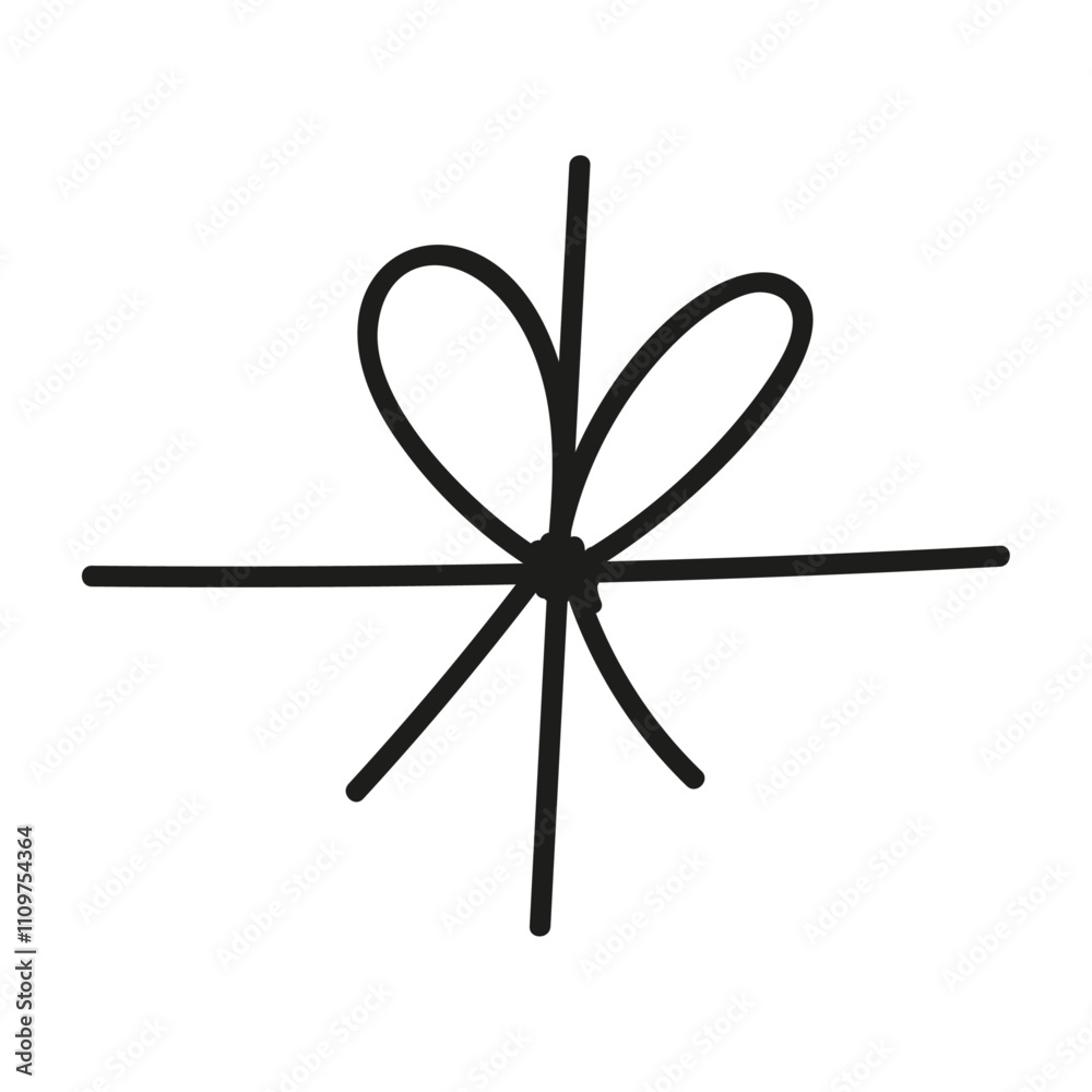 Black bow with tied rope and ribbon knot. Simple line design of string and thread for gift wrapping or marine cord. Flat vector illustration isolated on white background. Black bow with tied rope and ribbon knot. Simple line design of string and thread for gift wrapping or marine cord. Flat vector illustration isolated on white background.