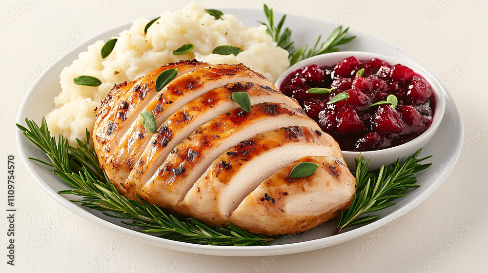 Sliced grilled chicken on a plate accompanied by mashed potatoes and cranberry sauce Sliced grilled chicken on a plate accompanied by mashed potatoes and cranberry sauce