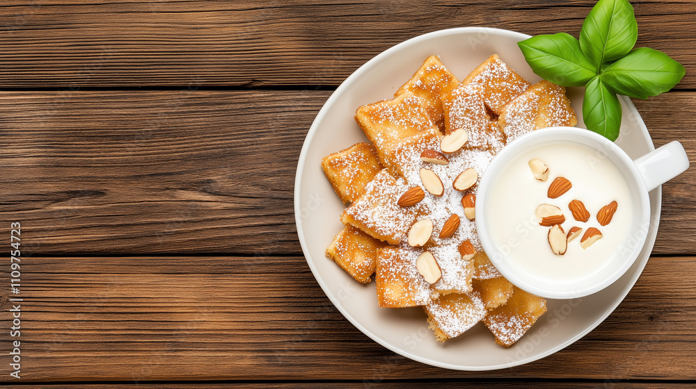 Kaiserschmarrn pieces arranged on a plate next to a cup of creamy sauce and almonds Kaiserschmarrn pieces arranged on a plate next to a cup of creamy sauce and almonds