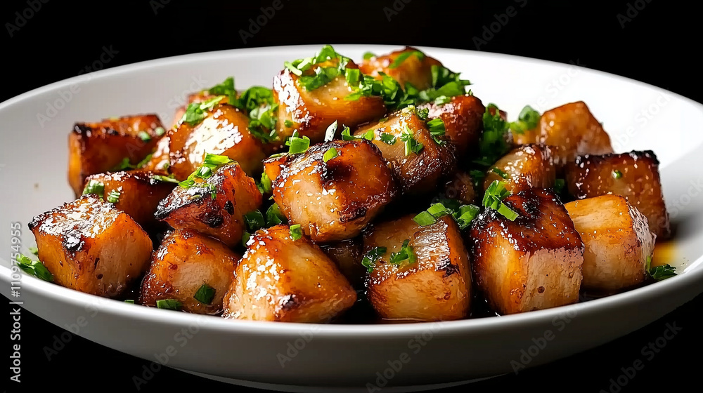 Delicious crispy pork sisig features tender meat with crunchy edges, garnished with green onions