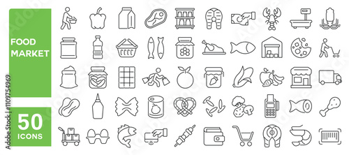 Set of 50 line icons related to food market, shop, grocery, fish, meat, fruit, vegetables, bread, products, cart, Editable stroke. Vector illustration