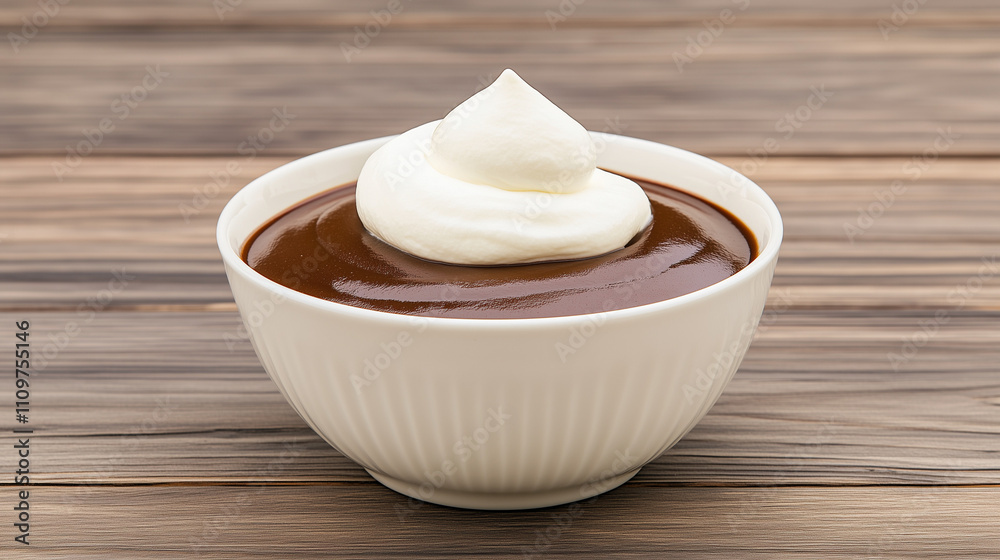 A delicious bowl of chocolate pudding is elegantly topped with a fluffy dollop of whipped cream A delicious bowl of chocolate pudding is elegantly topped with a fluffy dollop of whipped cream