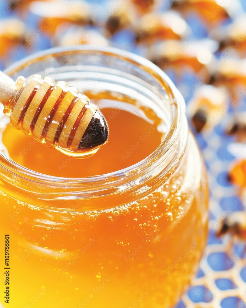 Golden Honey Jar Glowing Under Sunlight With Bees Dancing Around It in a Vibrant Garden Golden Honey Jar Glowing Under Sunlight With Bees Dancing Around It in a Vibrant Garden