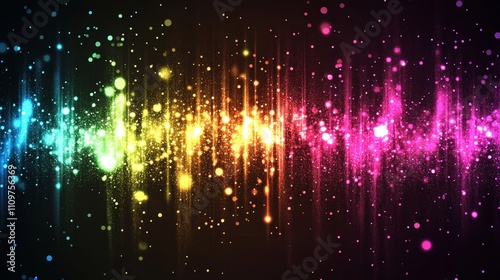 Sound wave pattern with vibrant lights and abstract dots against a dark background, illustrating the beauty of sound and music