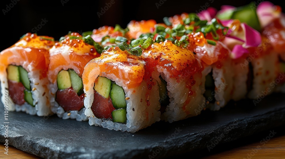 Sushi rolls, featuring various fillings and toppings, displayed on a black slate plate. Sushi rolls, featuring various fillings and toppings, displayed on a black slate plate.