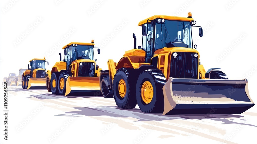 Three yellow bulldozers driving in a row on a construction site. Three yellow bulldozers driving in a row on a construction site.