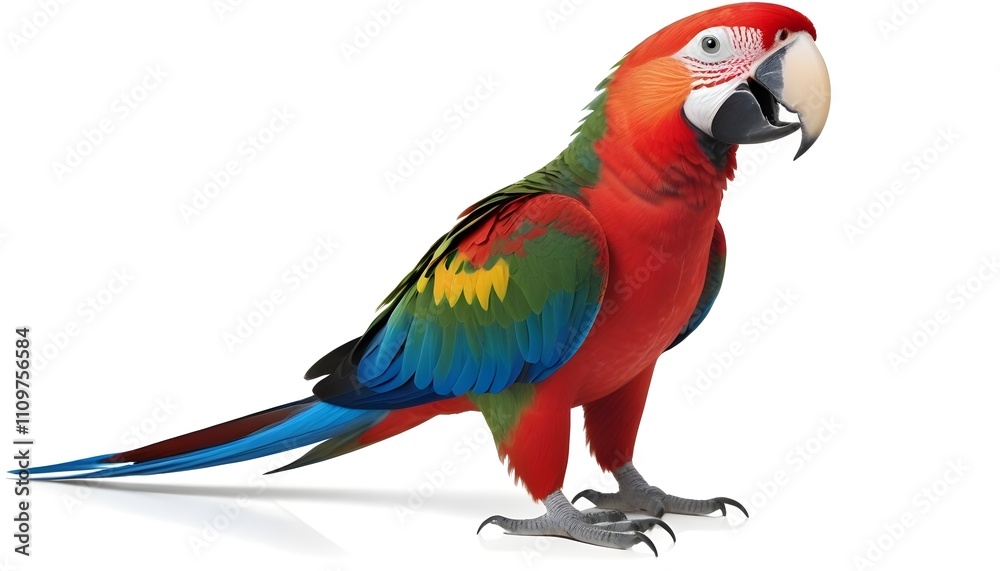 A colorful red, blue, and green parrot with a large beak perched on a surface A colorful red, blue, and green parrot with a large beak perched on a surface