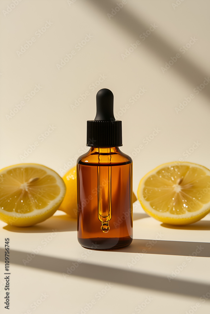 Minimalist Glass Dropper Bottle with Lemon Accents Minimalist Glass Dropper Bottle with Lemon Accents