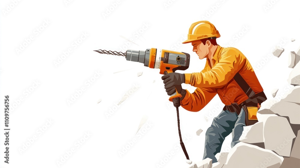 Construction worker using a drill to break a wall. Construction worker using a drill to break a wall.