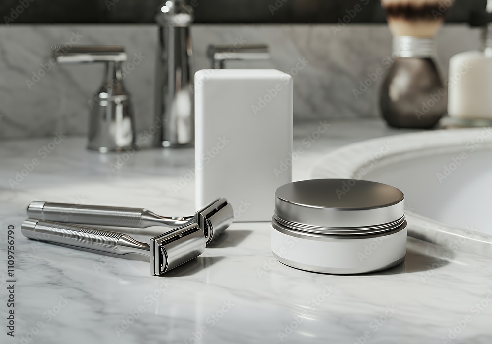 A plain aftershave balm packaging mock-up, lying next to shaving razors in a bathroom 3d illustration brand mock-up template. A plain aftershave balm packaging mock-up, lying next to shaving razors in a bathroom 3d illustration brand mock-up template.