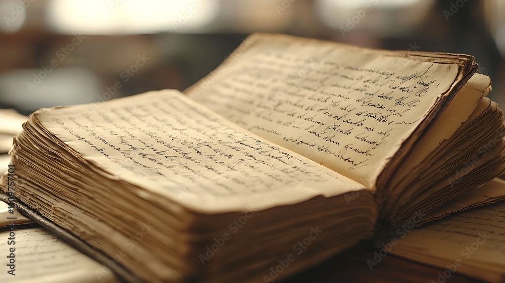 Obraz premium Open antique book with aged pages and handwritten text, resting on a stack of similar books.