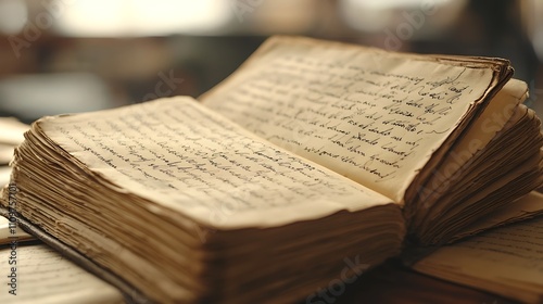 Open antique book with aged pages and handwritten text, resting on a stack of similar books.