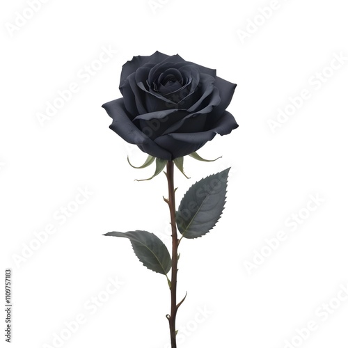 A black rose with dark petals and leaves on a stem