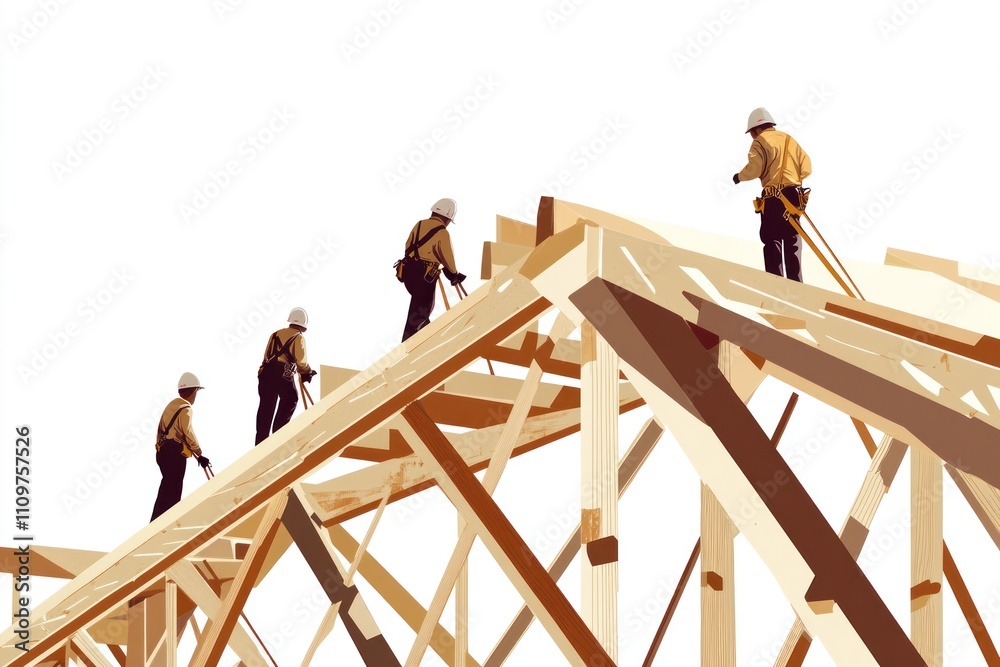 Workers installing roof trusses on a new house construction. Workers installing roof trusses on a new house construction.