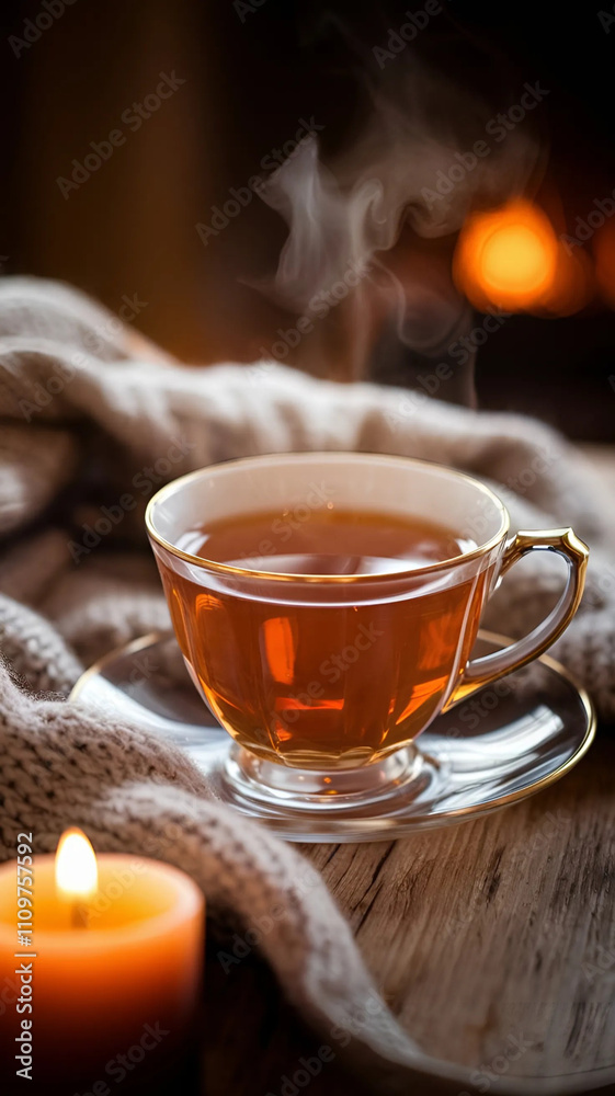 Cup of hot tea with scarf and burning candle on wooden table Cup of hot tea with scarf and burning candle on wooden table