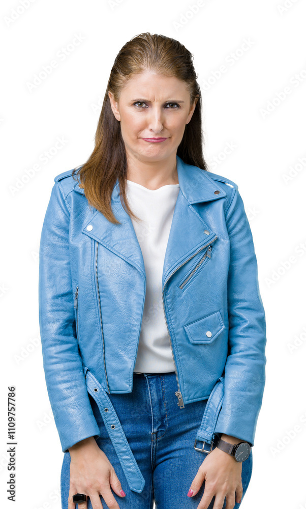 Beautiful middle age mature woman wearing fashion leather jacket over isolated background skeptic and nervous, frowning upset because of problem. Negative person. Beautiful middle age mature woman wearing fashion leather jacket over isolated background skeptic and nervous, frowning upset because of problem. Negative person.