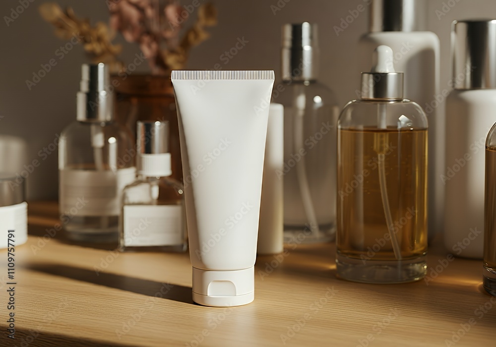 A plain face cleanser tube packaging mock-up, displayed with skincare products 3d illustration brand mock-up template. A plain face cleanser tube packaging mock-up, displayed with skincare products 3d illustration brand mock-up template.