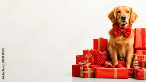 Holiday Spirit Cheerful Dog with Christmas Bow in Festive Photography Setting photo