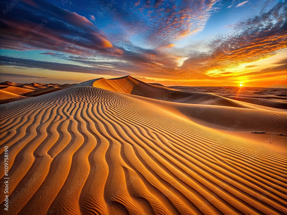Naklejka premium Golden sand dunes rise and fall under the soft glow of sunset as gentle winds shape their form creating a serene desert vista that captivates the soul