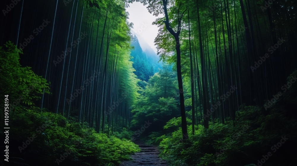 Naklejka premium Lush Green Bamboo Forest with Soft Mist and Light Filtering Through Trees Creating a Serene, Tranquil Atmosphere for Nature Lovers and Outdoor Enthusiasts