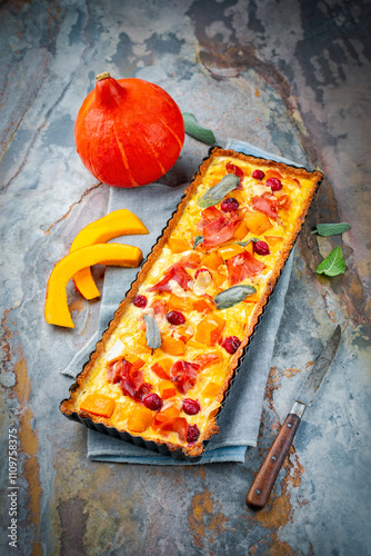 Homemade pampkin savoury tart quiche pastry with prosciutto ham, fresh cheese and cranberries served as close-up in a classical baking form photo