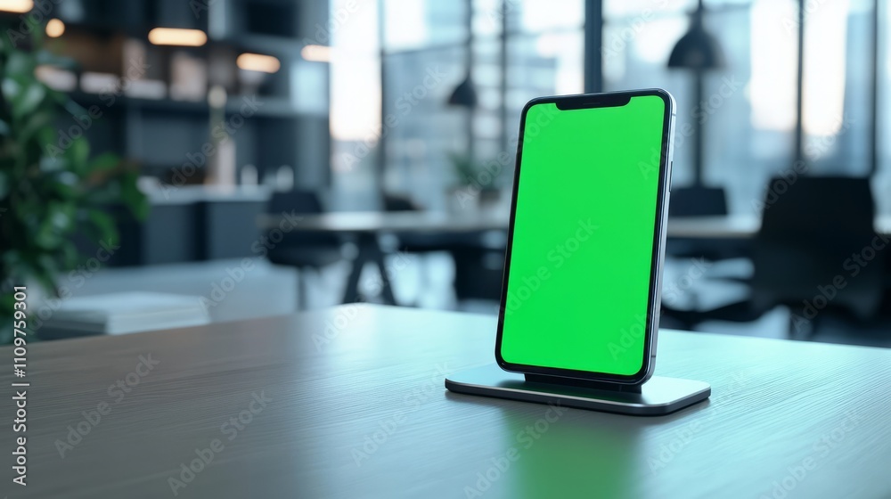 A smartphone with a green screen displayed on a modern glass desk with futuristic lighting A smartphone with a green screen displayed on a modern glass desk with futuristic lighting