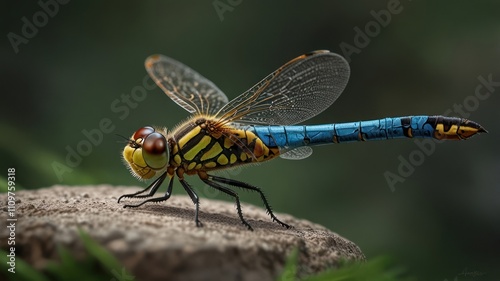 Vibrant dragonfly perched on rock, detailed wings and body.