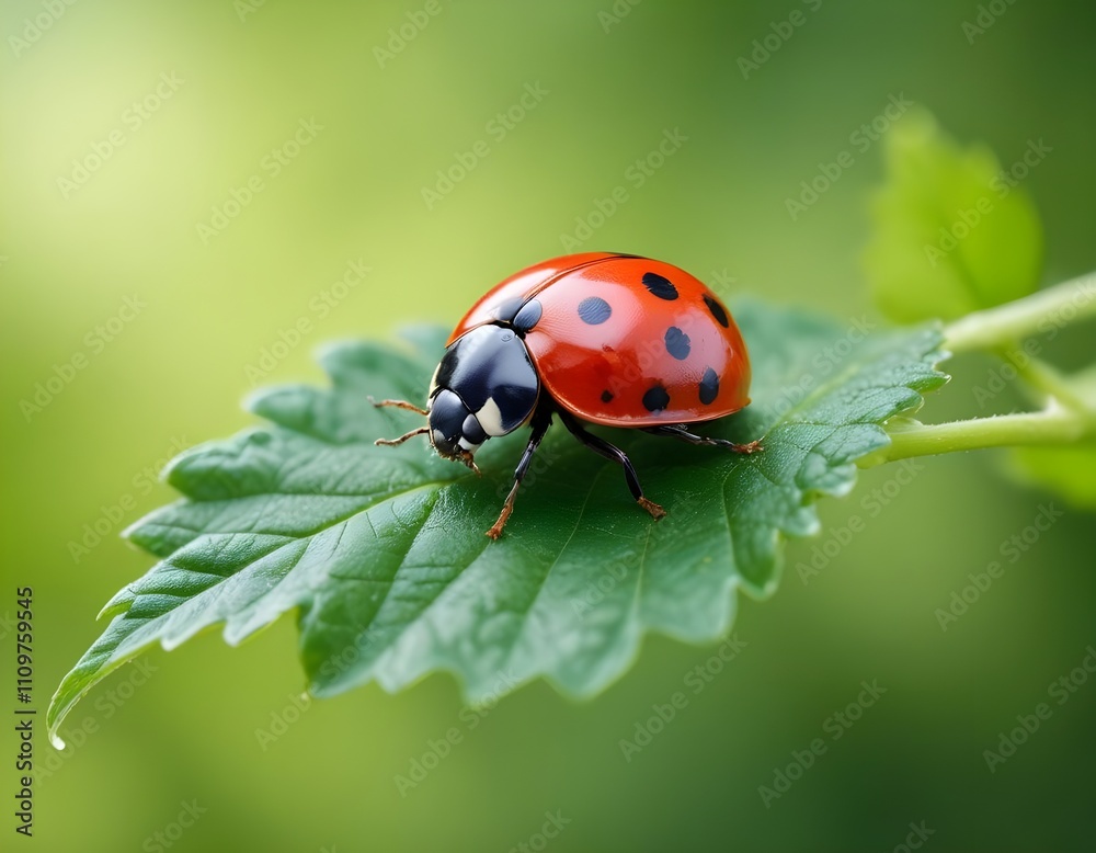 A red ladybug on a green leaf against a blurred green background A red ladybug on a green leaf against a blurred green background