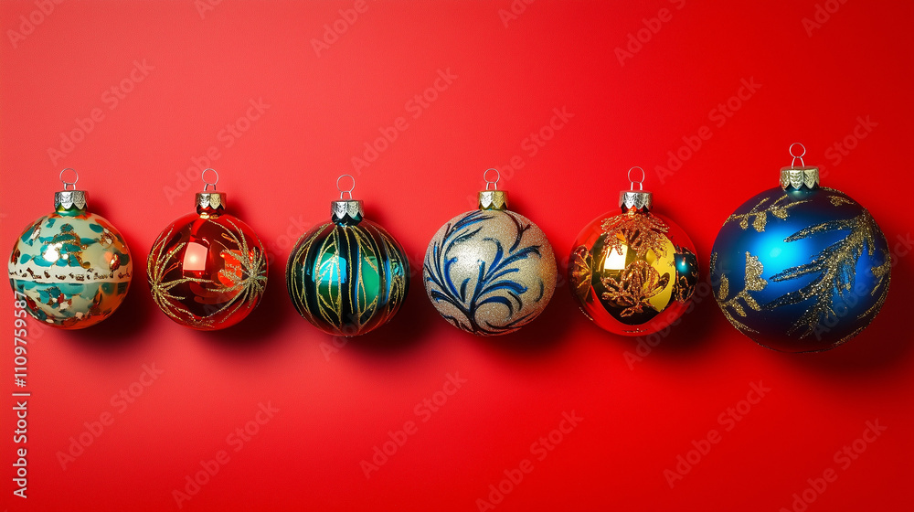 six different vibrant colourful christmas tree balls hand painted isolated on festive red background six different vibrant colourful christmas tree balls hand painted isolated on festive red background