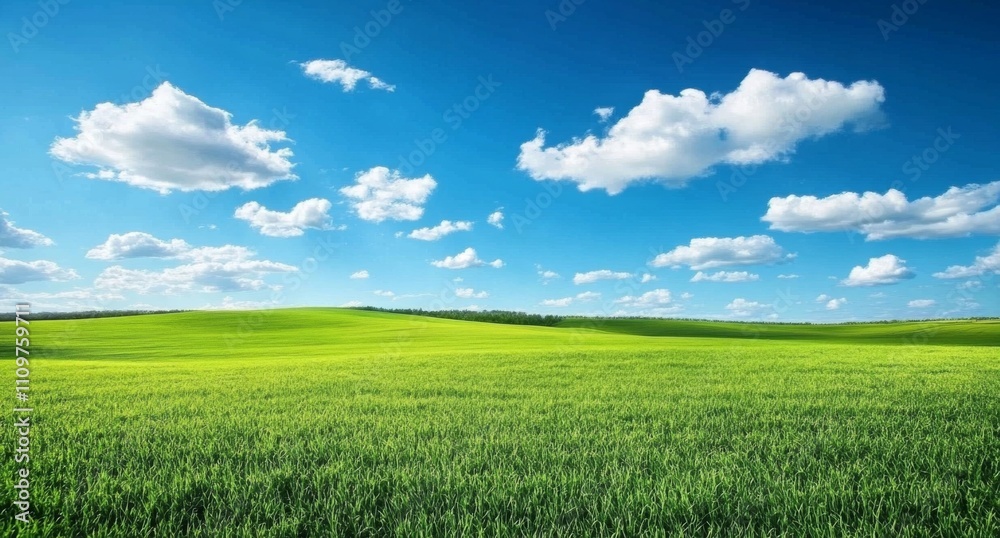 Vast Green Grassland Under a Bright Blue Sky with White Clouds, Sunlit Hills and Expansive Landscape