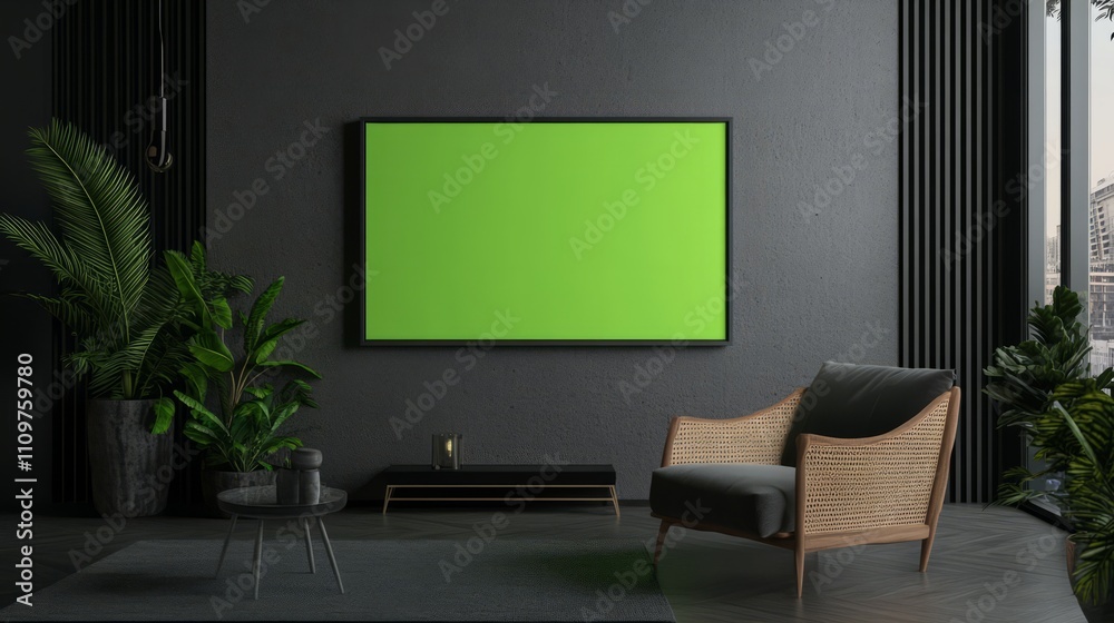 A small TV with a green screen in a minimalist room, placed on a modern table A small TV with a green screen in a minimalist room, placed on a modern table