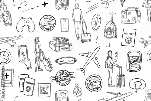Cute seamless pattern of travel theme in doodle style. Suitcase, baggage, plane, fly, ticket, postcard, flight, boarding pass, clouds, view from the window, postage stamp, passport stamp, passport