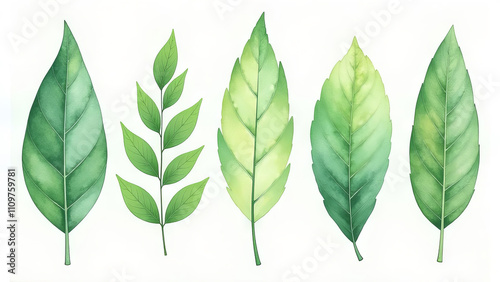 Set of green leaves isolated on white background. Watercolor illustration.