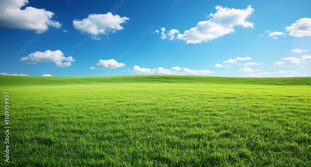 Vast Green Grassland Under a Bright Blue Sky with White Clouds, Sunlit Hills and Expansive Landscape Vast Green Grassland Under a Bright Blue Sky with White Clouds, Sunlit Hills and Expansive Landscape