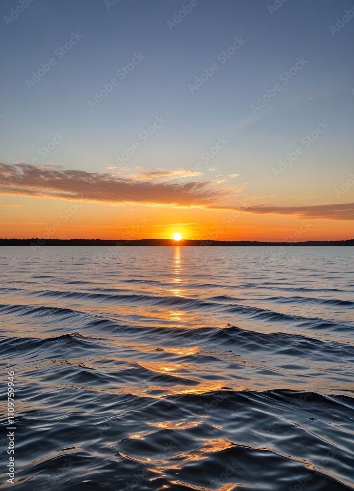 Obraz premium A scenic sunset over a calm lake, with the sun dipping below the horizon and casting warm, golden light across the rippling water