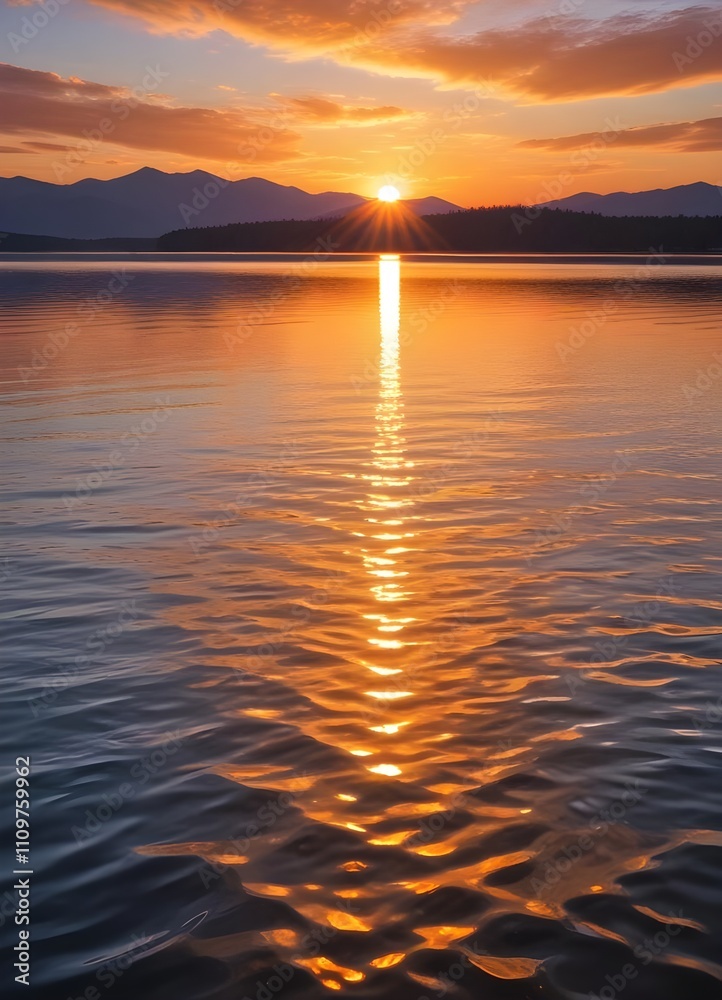 A scenic sunset over a calm lake, with the sun dipping below the horizon and casting warm, golden light across the rippling water A scenic sunset over a calm lake, with the sun dipping below the horizon and casting warm, golden light across the rippling water