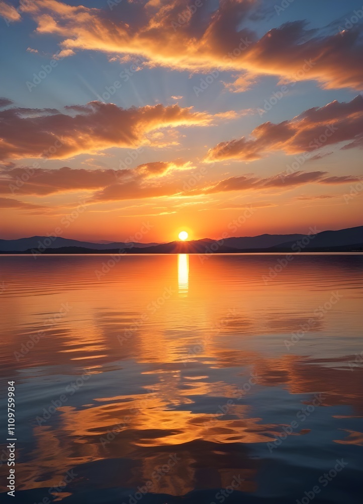 A scenic sunset over a calm lake, with the sun dipping below the horizon and casting warm, golden light across the rippling water A scenic sunset over a calm lake, with the sun dipping below the horizon and casting warm, golden light across the rippling water