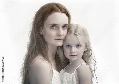 Mom and girl in a white background realistic photograph. AI Photograph