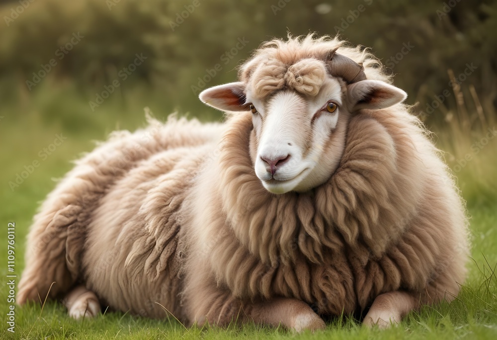 A fluffy sheep with a friendly expression resting in a grassy field A fluffy sheep with a friendly expression resting in a grassy field