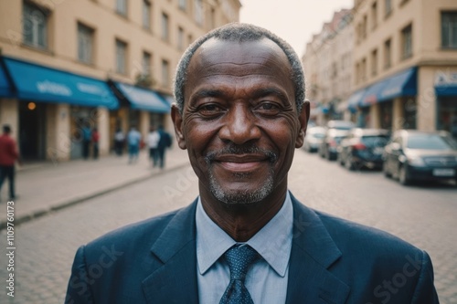 Close portrait of a smiling senior Chadian businessman looking at the camera, Chadian big city outdoors blurred background