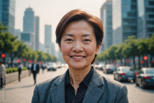 Close portrait of a smiling senior Chinese businesswoman looking at the camera, Chinese big city outdoors blurred background