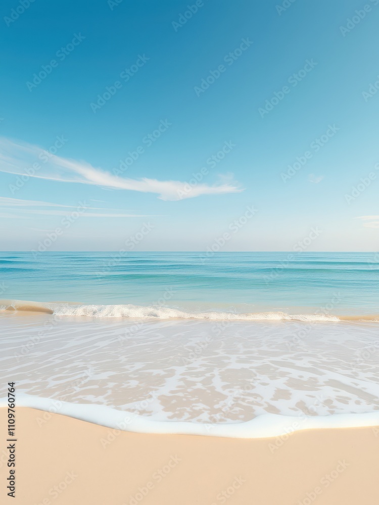 Soft sea foam on sandy shoreline under clear blue sky, rest, shoreline Soft sea foam on sandy shoreline under clear blue sky, rest, shoreline