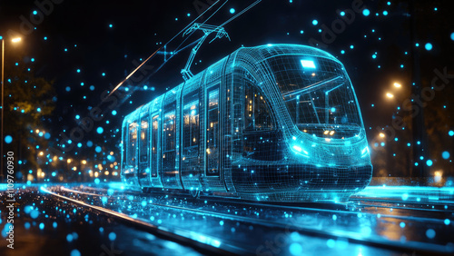 Futuristic Tram with Digital Grid and Light Effects in Urban Night Scene photo