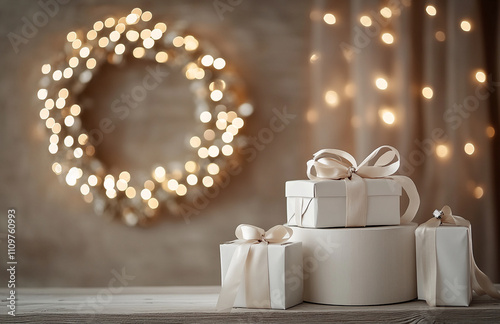 Decorative holiday gifts arranged near a glowing wreath with warm lights in a cozy indoor setting during the festive season photo