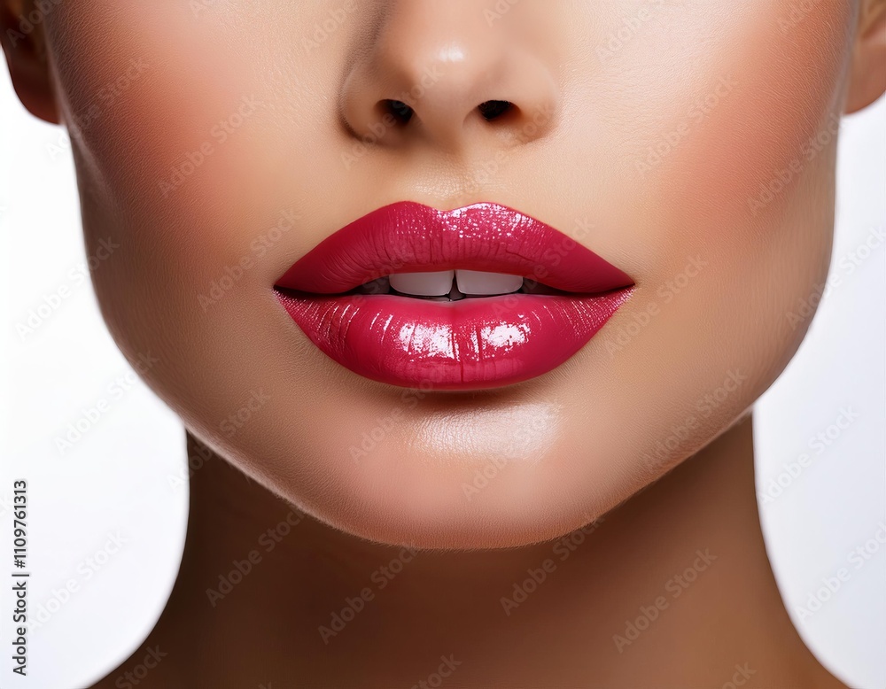 Obraz premium woman's lips macro with a touch of lipstick smeared on the side, conveying a playful and edgy vibe, set against a clean white background for a modern, stylish look