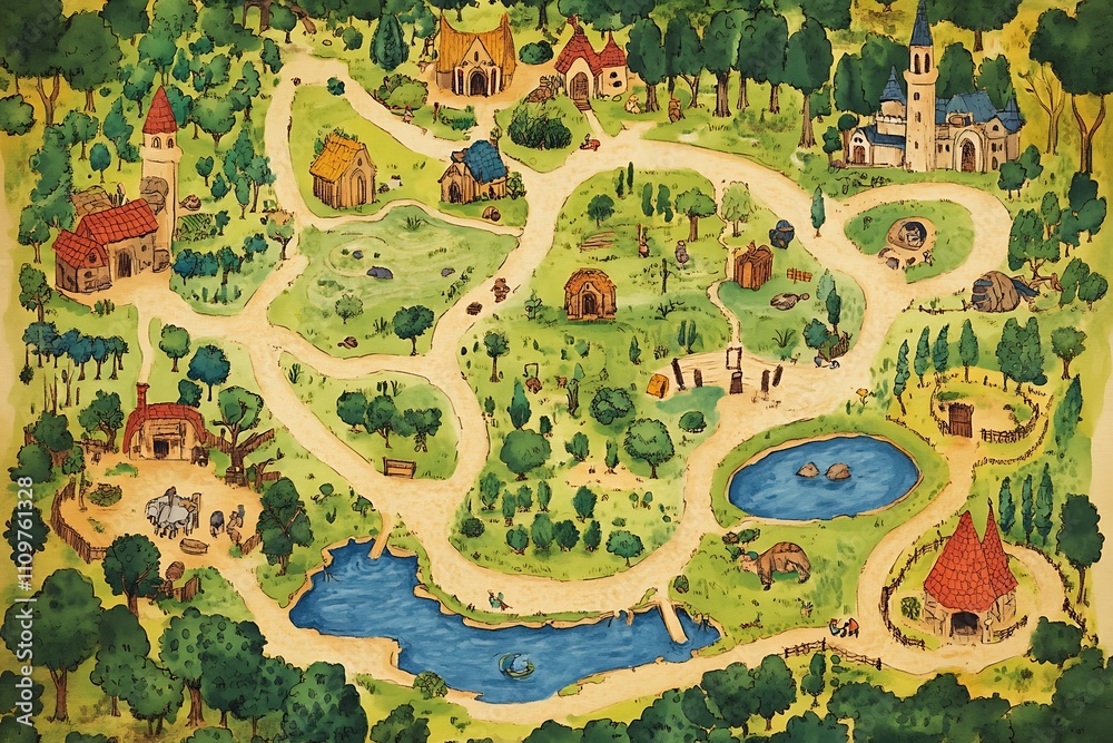 Fototapeta premium Fantasy Village Map Illustration